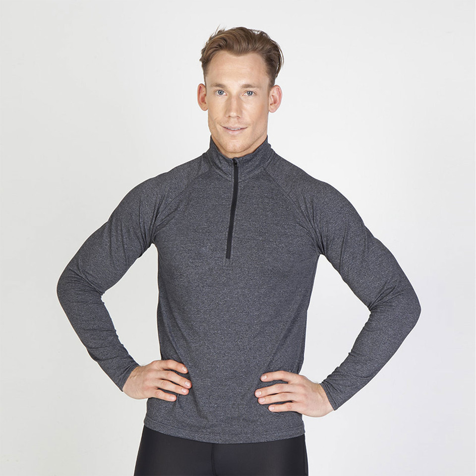 Charcoal marle half-zip athletic top with high neck and raglan sleeves