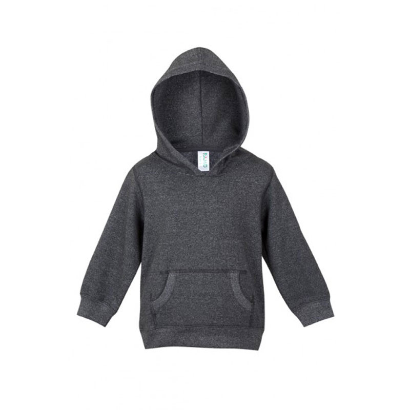 Charcoal marle kids pullover hoodie with kangaroo pocket and ribbed cuffs, flat lay