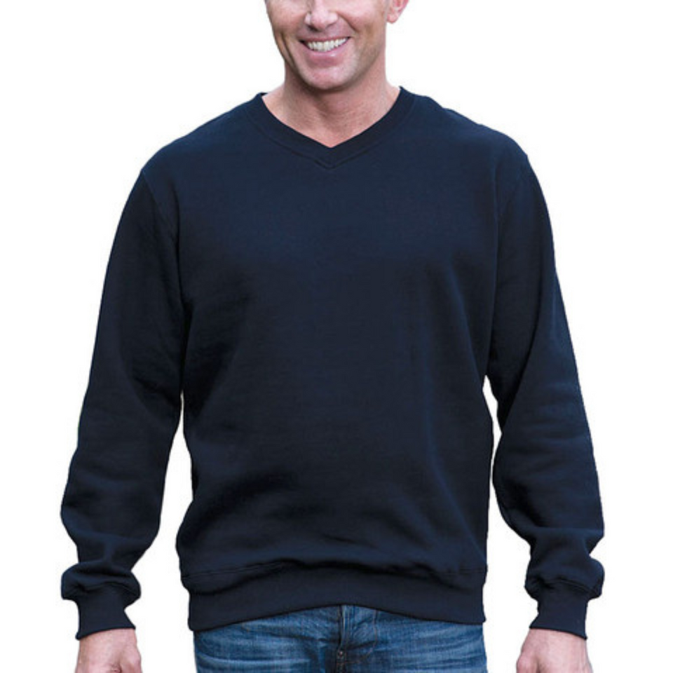 Mulligan V-Neck Fleecy Jumper, a comfortable unisex pullover with a warm fleece interior and V-neckline, ideal for corporate or casual winter wear.
