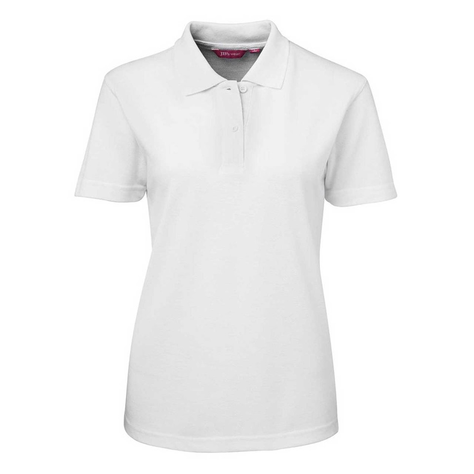White Plain MATHILDA women's short-sleeve polo shirt in durable poly-cotton pique knit, featuring easy-care and comfortable fabric, ideal for uniforms and custom embroidery.
