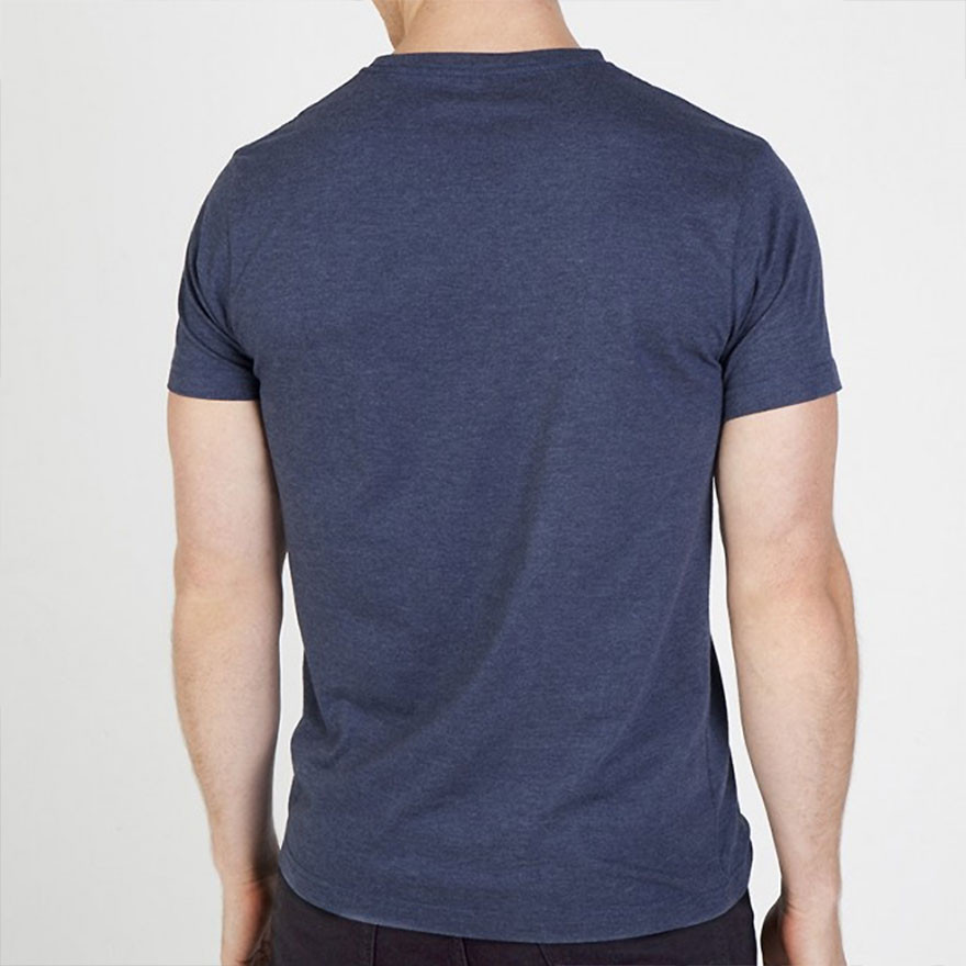 Navy marl crew neck t-shirt shown from back with heathered texture and vintage finish