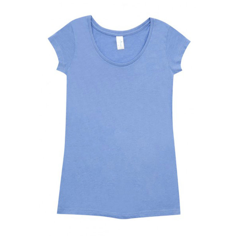 Periwinkle blue marl women's scoop neck t-shirt with cap sleeves and curved hem