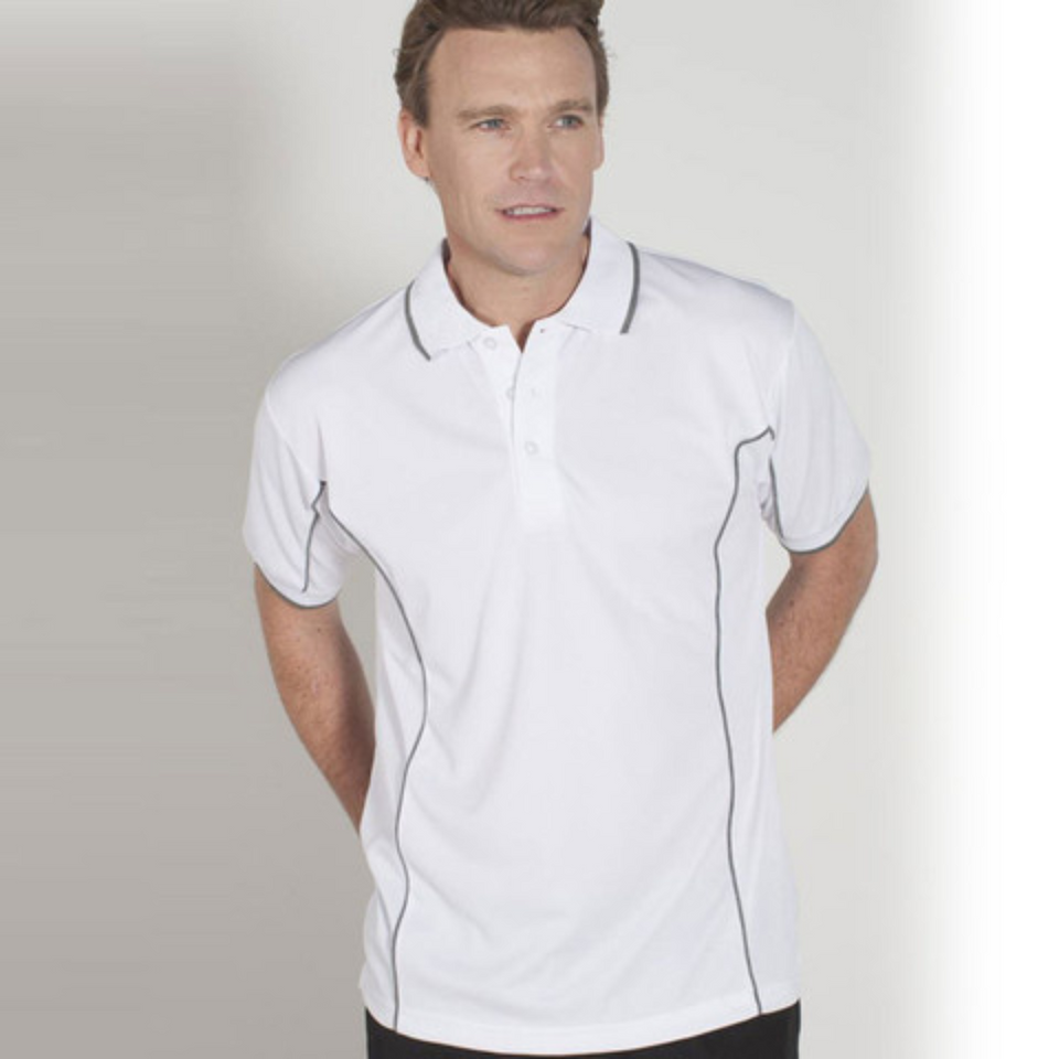 Addison men's quick-dry Podium Cool polo shirt with contrast piping, moisture-wicking technology, and UPF protection, ideal for sports and corporate uniforms.