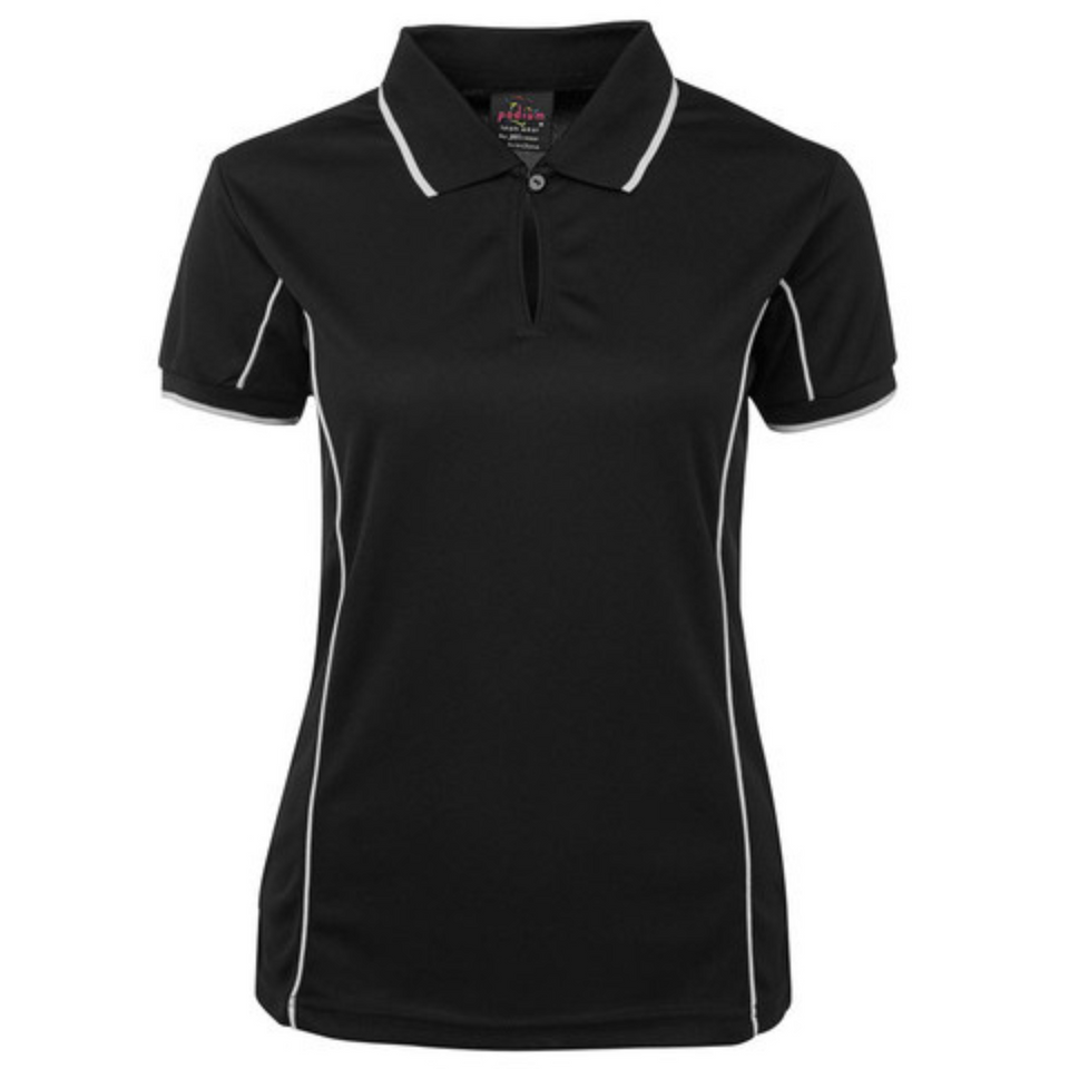 Black White Addison ladies quick-dry moisture-wicking polo shirt with contrast piping detail, made from pique knit fabric for sports, team uniforms, and workwear.