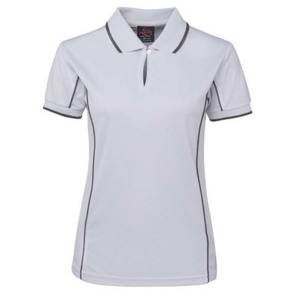 White Grey Addison ladies quick-dry moisture-wicking polo shirt with contrast piping detail, made from pique knit fabric for sports, team uniforms, and workwear.