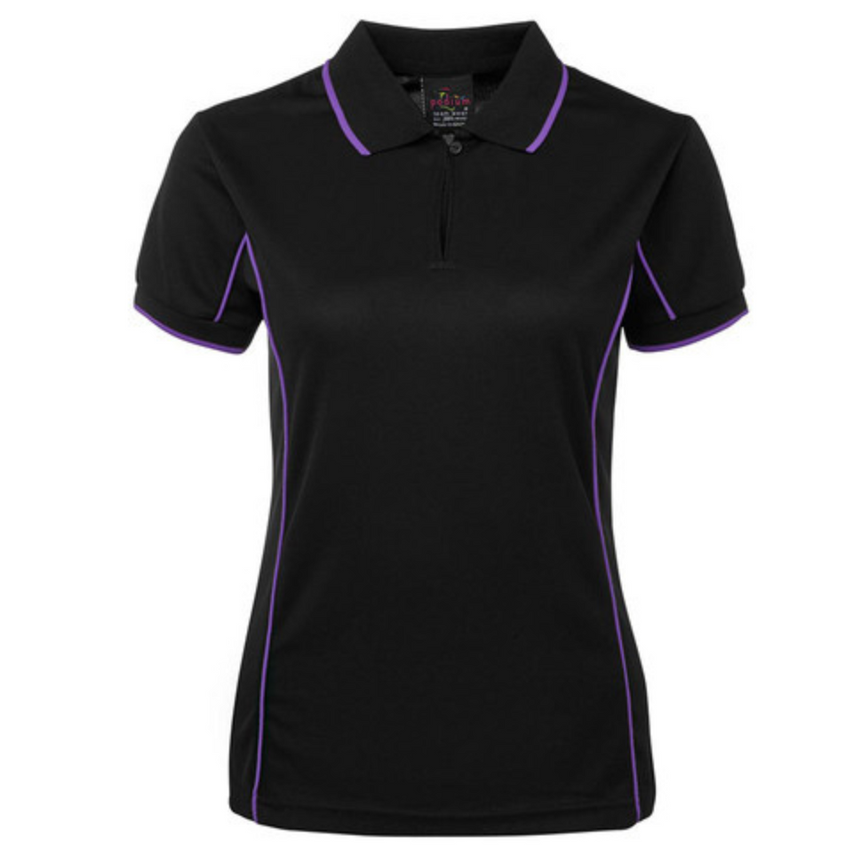 Black Purple Addison ladies quick-dry moisture-wicking polo shirt with contrast piping detail, made from pique knit fabric for sports, team uniforms, and workwear.