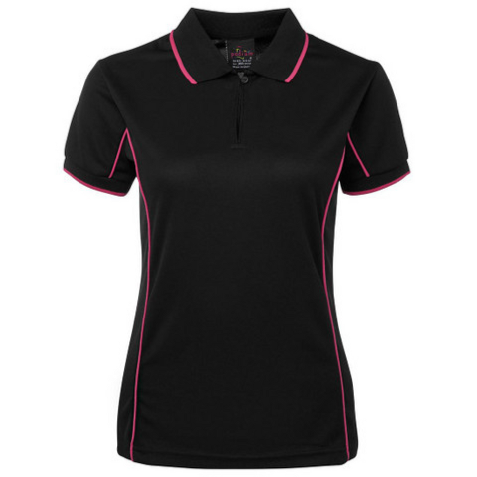 Black Pink Addison ladies quick-dry moisture-wicking polo shirt with contrast piping detail, made from pique knit fabric for sports, team uniforms, and workwear.