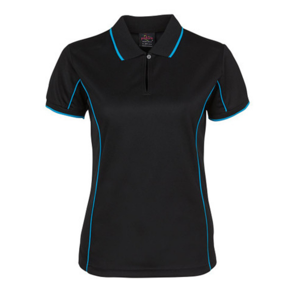 Black Aqua Addison ladies quick-dry moisture-wicking polo shirt with contrast piping detail, made from pique knit fabric for sports, team uniforms, and workwear.