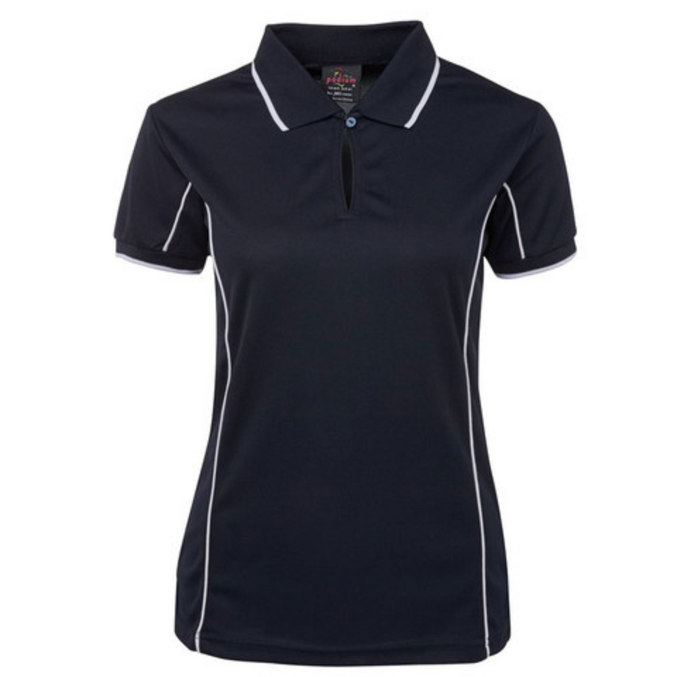 Navy White Addison ladies quick-dry moisture-wicking polo shirt with contrast piping detail, made from pique knit fabric for sports, team uniforms, and workwear.