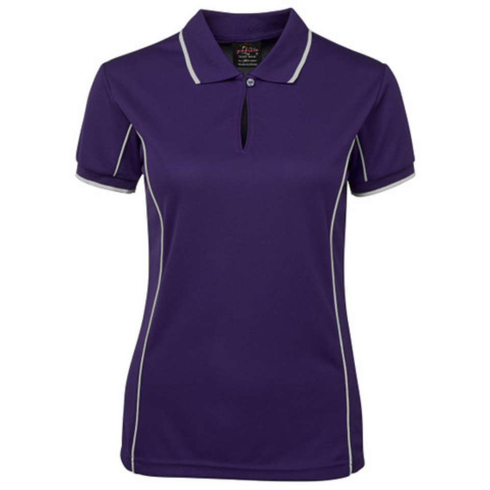 Purple White Addison ladies quick-dry moisture-wicking polo shirt with contrast piping detail, made from pique knit fabric for sports, team uniforms, and workwear.
