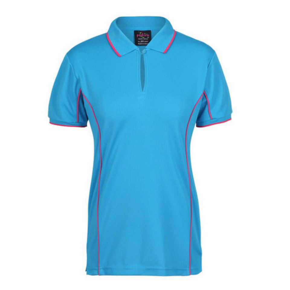 Aqua Pink Addison ladies quick-dry moisture-wicking polo shirt with contrast piping detail, made from pique knit fabric for sports, team uniforms, and workwear.