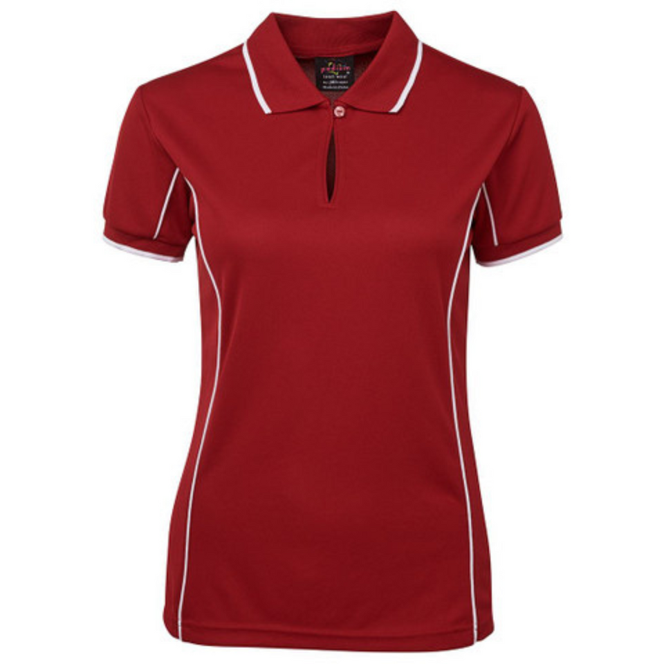 Dark Red White Addison ladies quick-dry moisture-wicking polo shirt with contrast piping detail, made from pique knit fabric for sports, team uniforms, and workwear.
