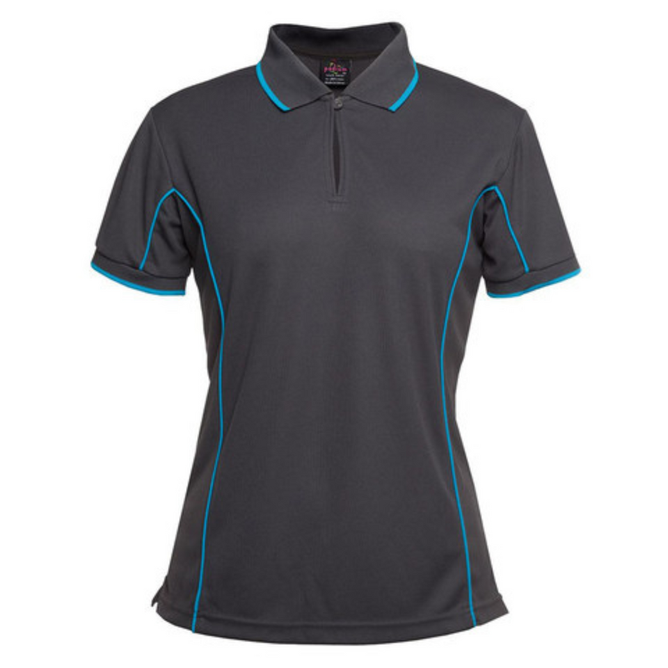 Charcoal Aqua Addison ladies quick-dry moisture-wicking polo shirt with contrast piping detail, made from pique knit fabric for sports, team uniforms, and workwear.