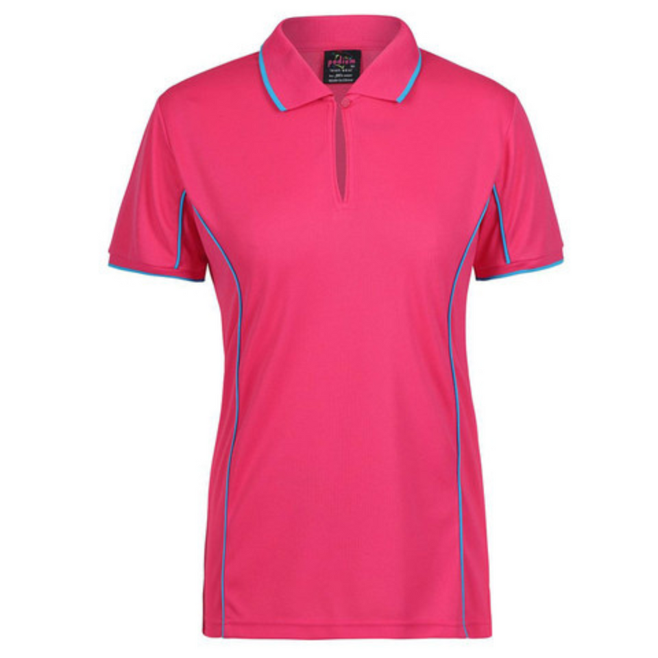 Pink Aqua Addison ladies quick-dry moisture-wicking polo shirt with contrast piping detail, made from pique knit fabric for sports, team uniforms, and workwear.