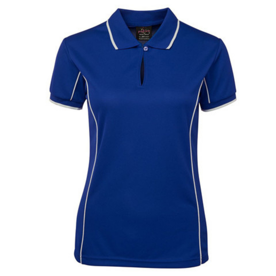 Royal White Addison ladies quick-dry moisture-wicking polo shirt with contrast piping detail, made from pique knit fabric for sports, team uniforms, and workwear.