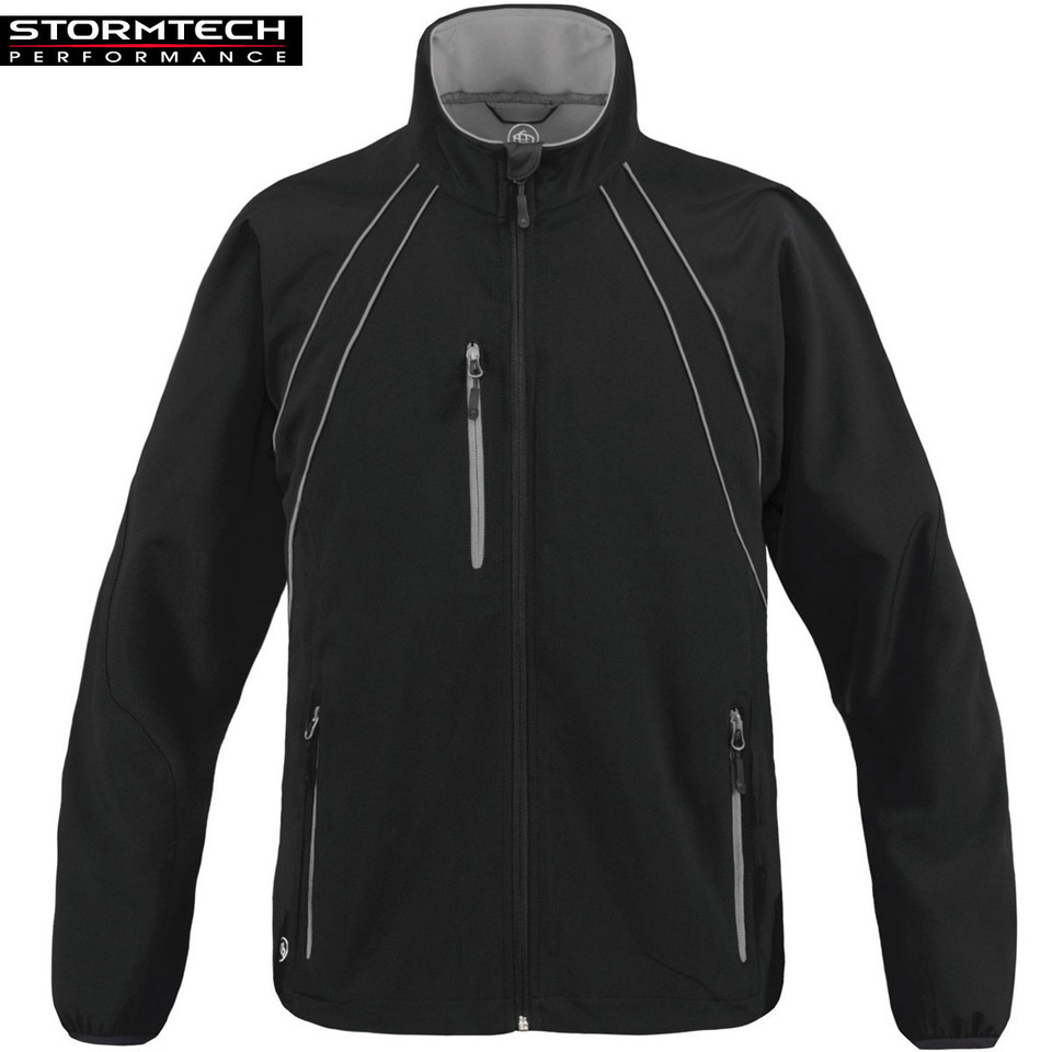 Black ladies stretch soft shell jacket with grey contrast piping and chest pocket