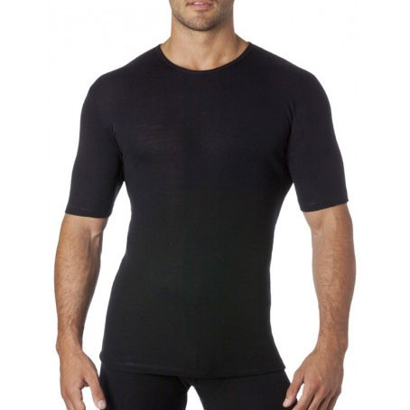 Black merino wool short sleeve crew neck tee with fitted silhouette and smooth finish