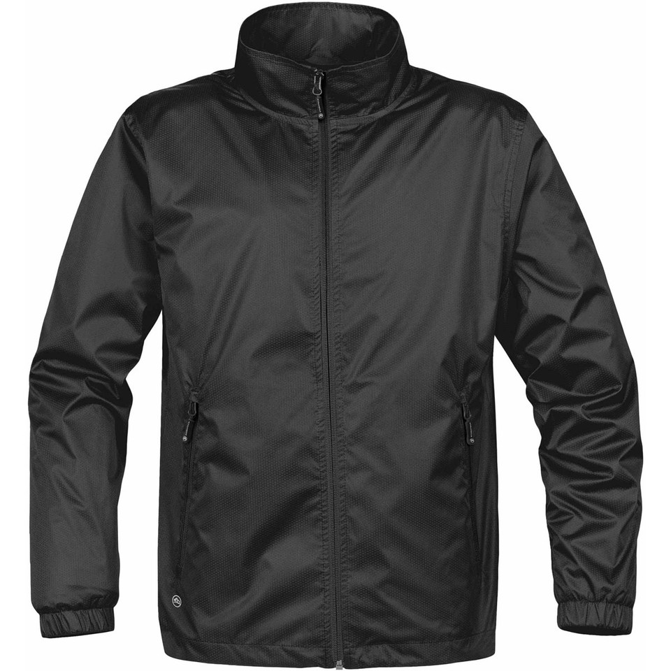 Charcoal grey lightweight shell jacket with high collar, full front zip and side pockets with zip closure