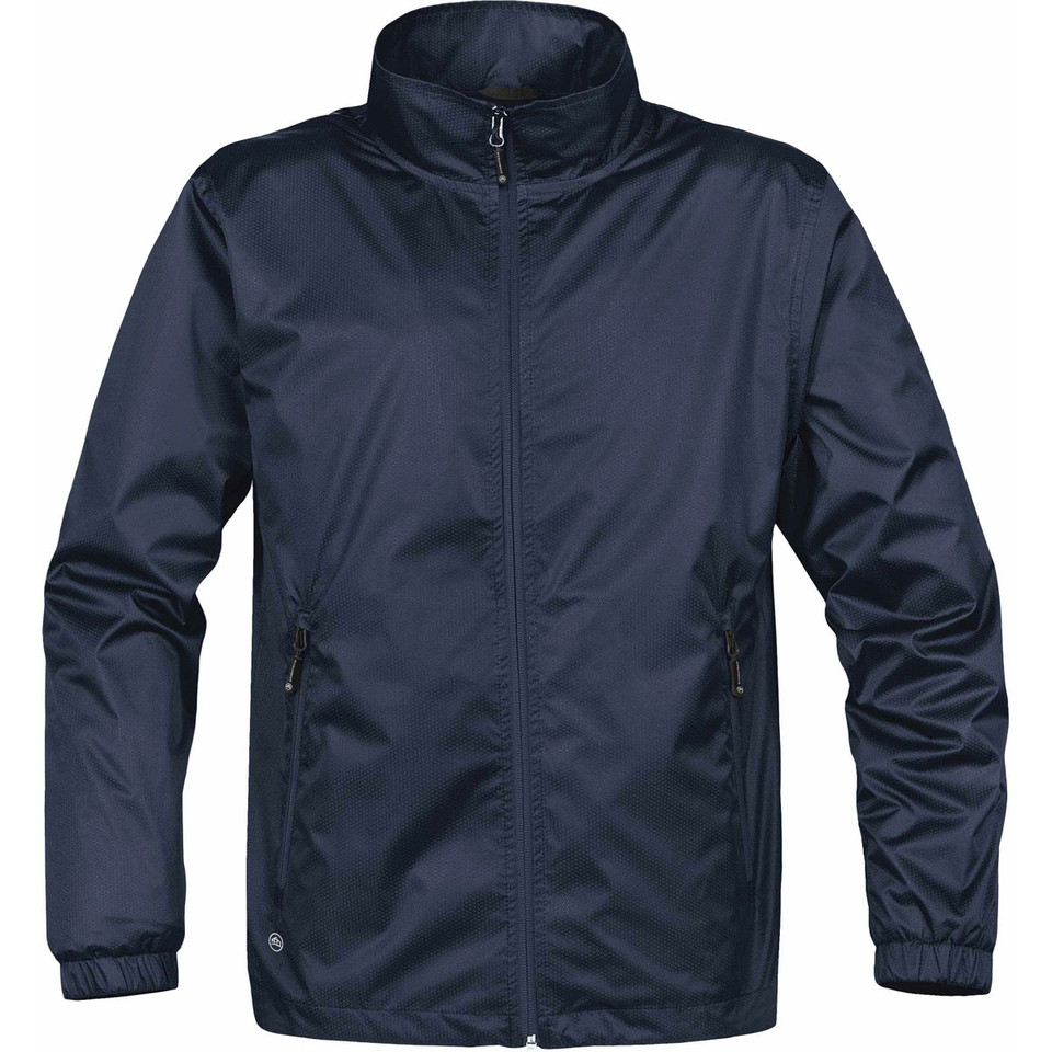 Navy lightweight outer shell jacket with full zip front and stand collar