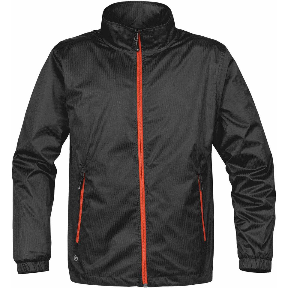 Charcoal grey lightweight jacket with vibrant orange centre zip and matching pocket zippers