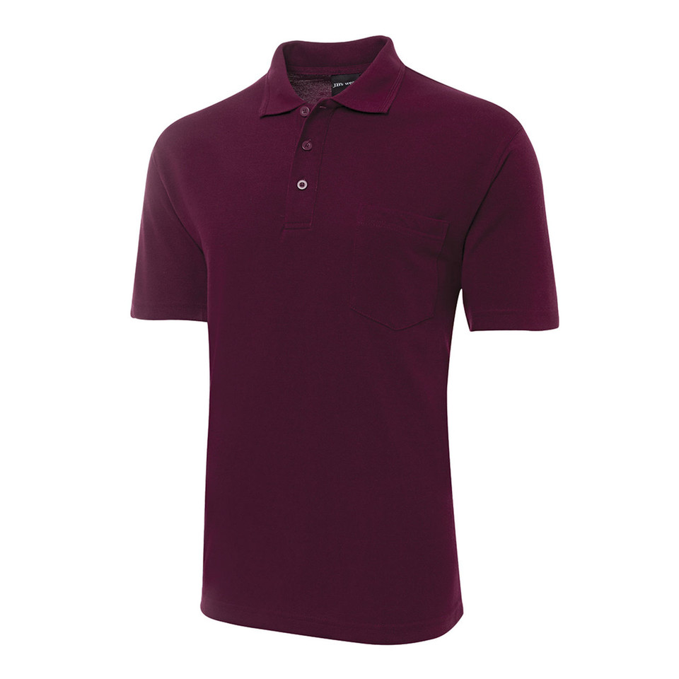 Burgundy short sleeve polo shirt with chest pocket and two-button placket