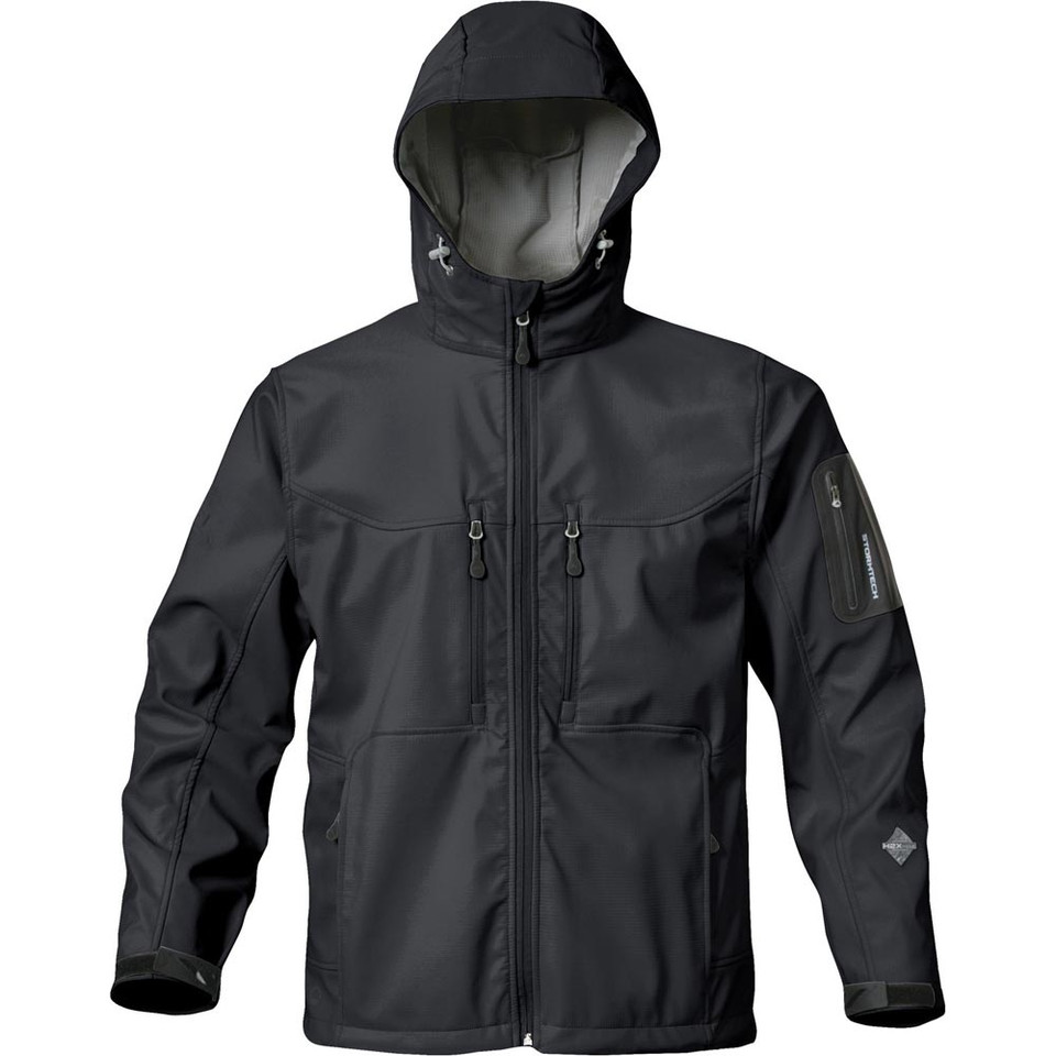 Black 3-layer softshell jacket with structured hood, centre zip, zippered chest and sleeve pockets