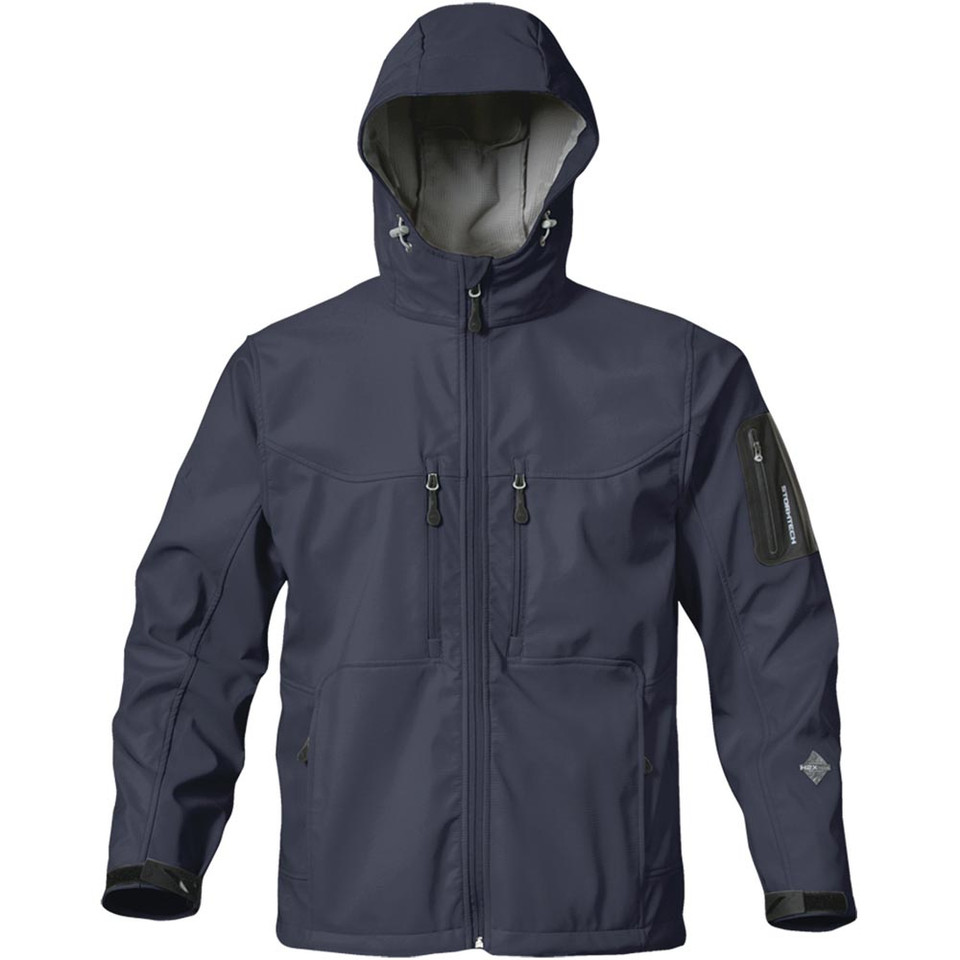 Charcoal grey waterproof softshell jacket with hood, front zip closure, chest pockets and sleeve utility pocket