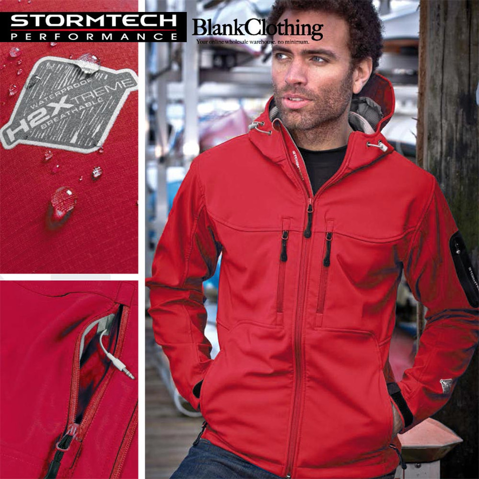 Bright red softshell jacket with black contrast zippers, chest pockets and detachable hood on male model