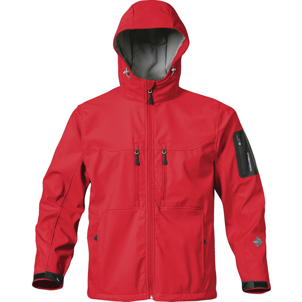 Red hooded softshell jacket with charcoal lining, chest pockets and sleeve utility pocket with contrast zippers