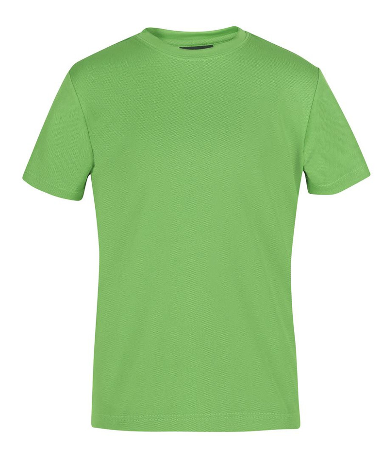 Lime green kids crew neck short sleeve sports tee, smooth flat-front panel, packshot view