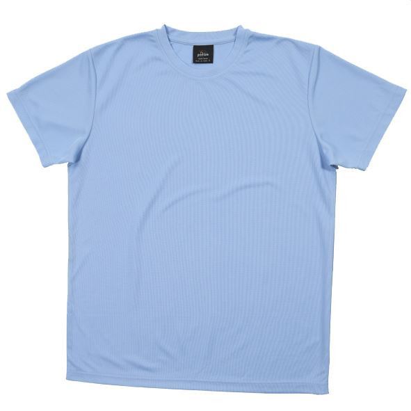 Sky blue kids performance tee with crew neck and short sleeves in moisture-wicking polyester fabric