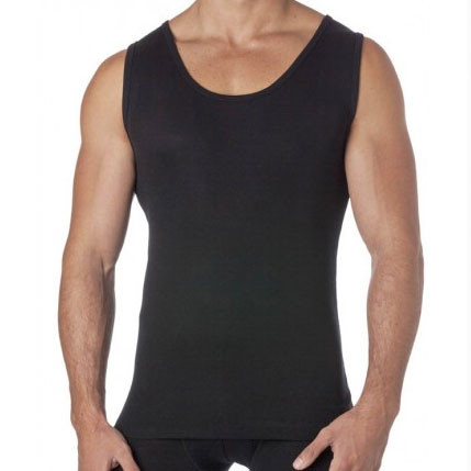 Black merino wool sleeveless tank singlet with rounded neckline on male model