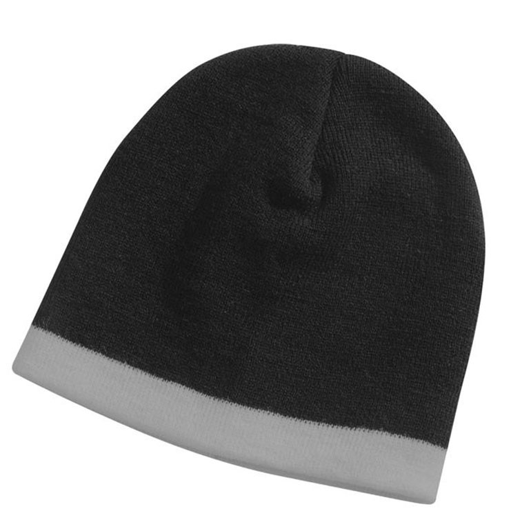 Black knit beanie with light grey contrast stripe band, smooth crown, flat lay packshot