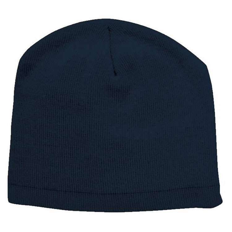 Navy blue knit beanie with ribbed texture and clean folded hem, flat packshot