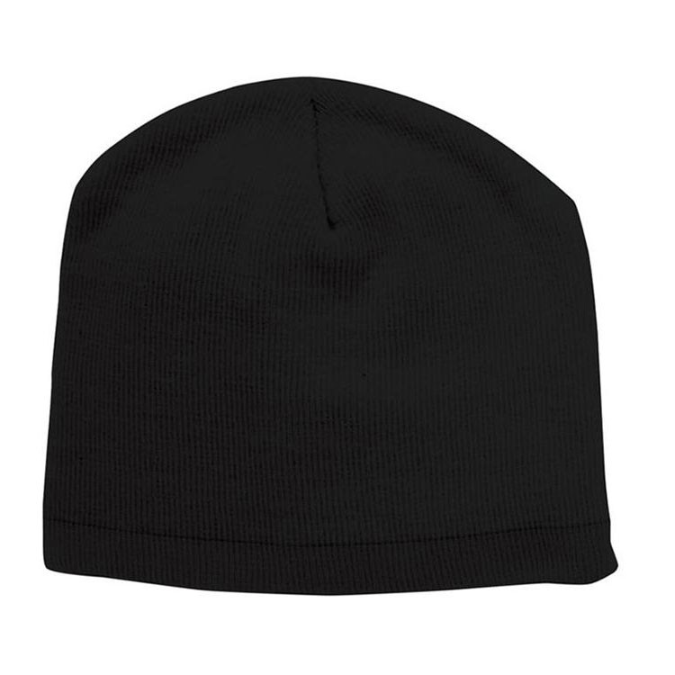 Black ribbed knit beanie with contrast trim panel on brim
