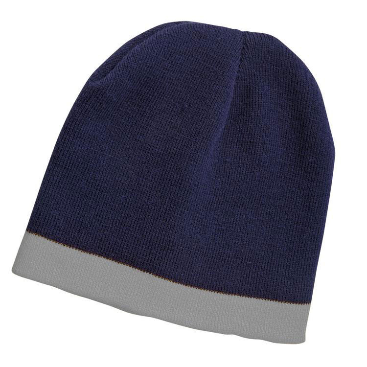 Navy knit beanie with contrast silver-grey stripe along the brim, flat lay packshot