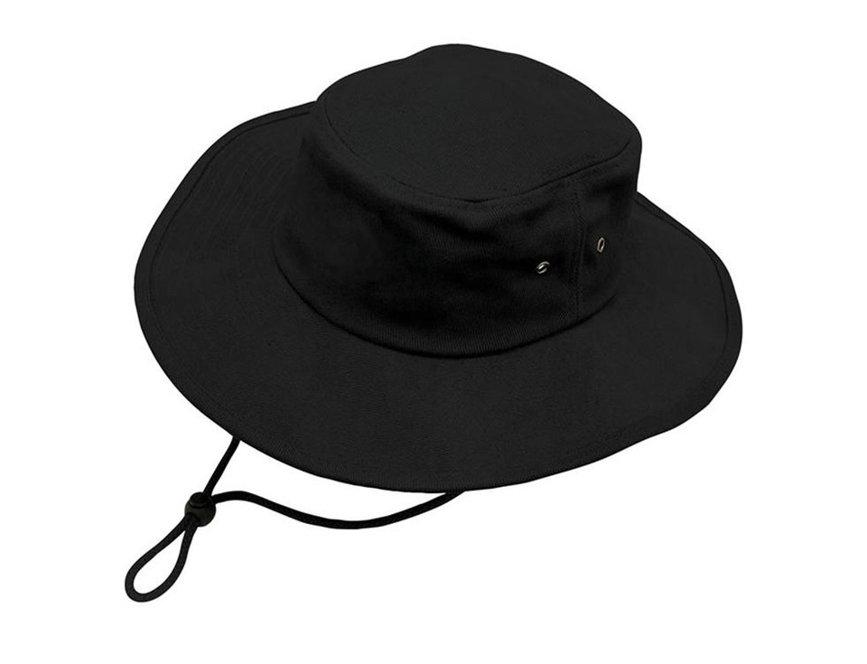 Black wide-brim kids bucket hat in heavy brushed cotton with chin cord and metal eyelets