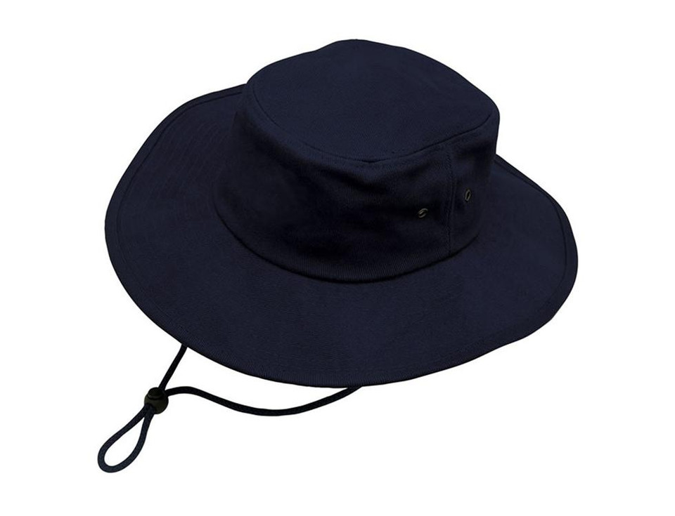 Navy heavy brushed cotton surf hat with wide brim and adjustable chin cord