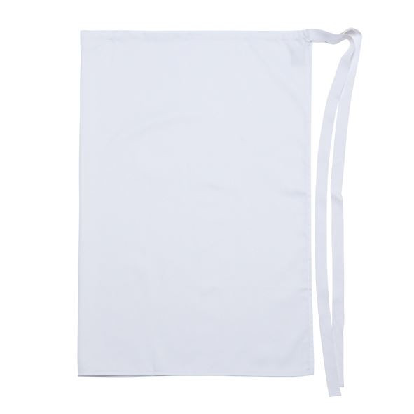 White waist apron with long rectangular coverage and extended ties, no pockets