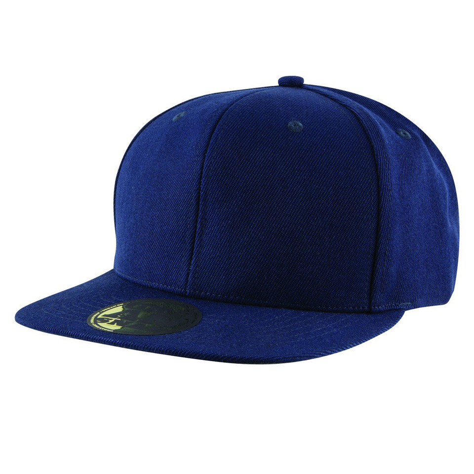 Navy blue snapback cap with structured crown and flat peak featuring large front panel ideal for decoration