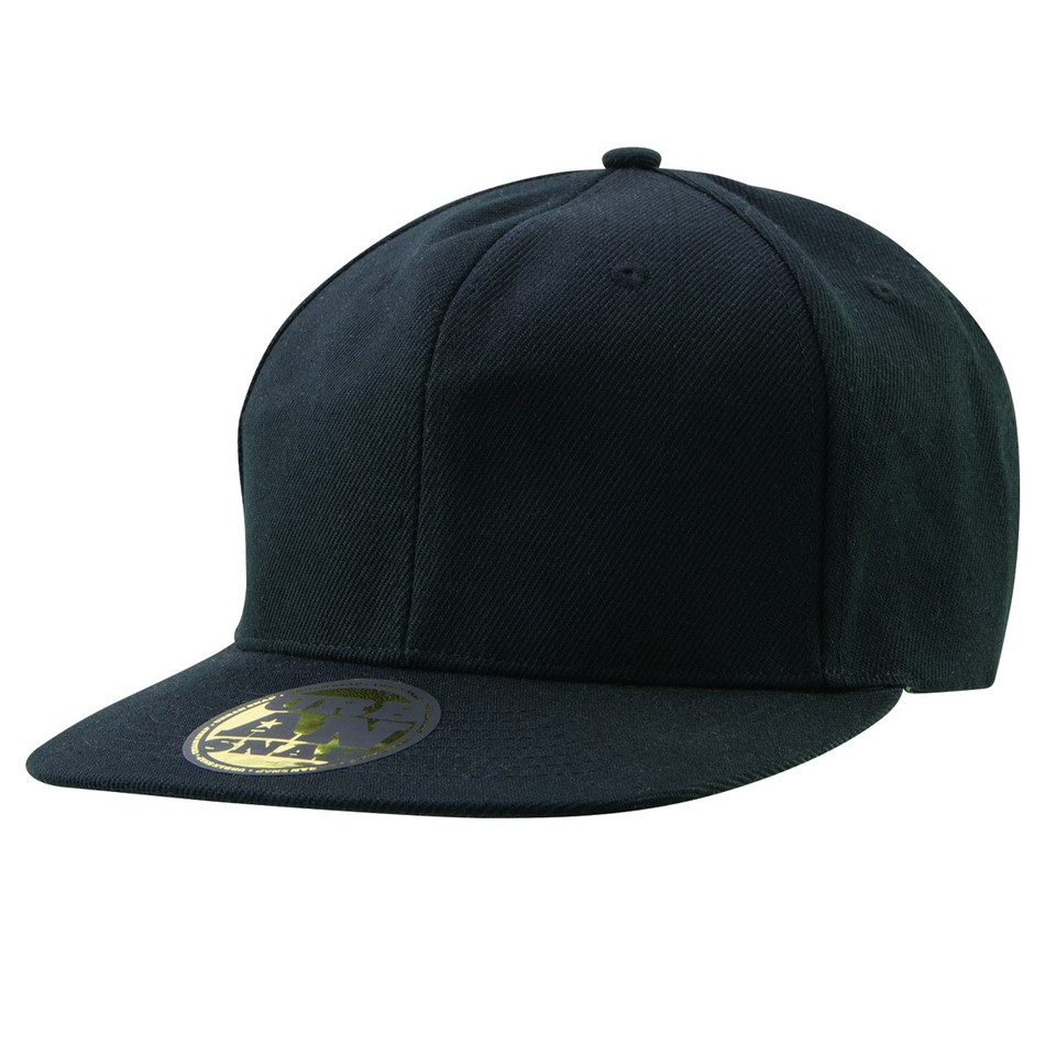 Navy snapback cap with flat peak and structured six-panel crown with decoratable front panels