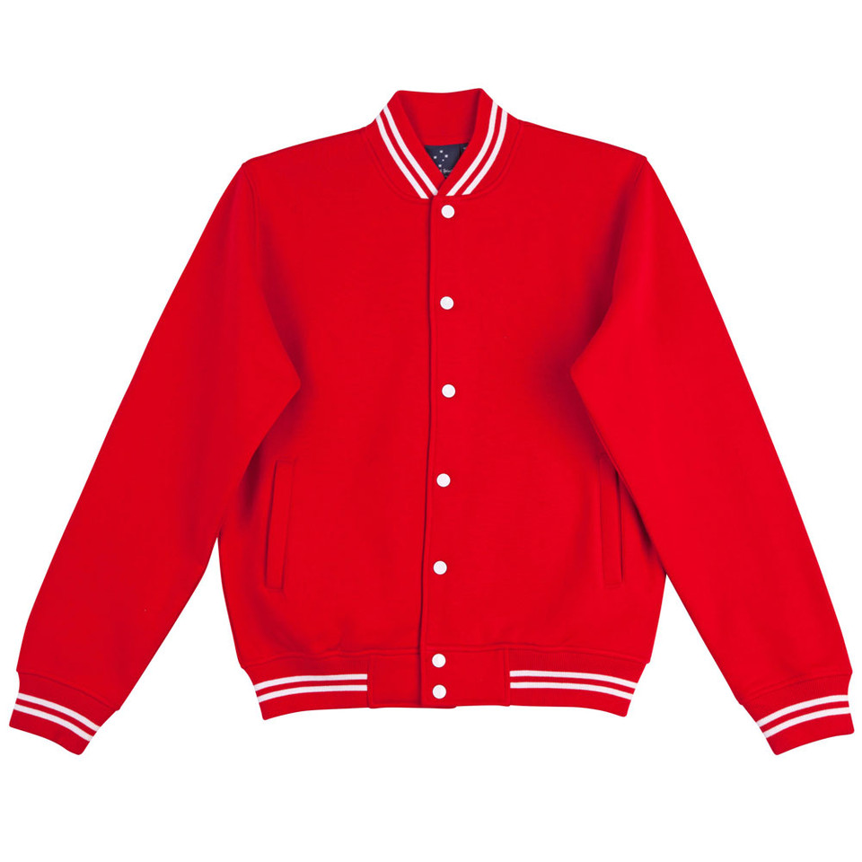 Red+White Jock Kids Plain Fleecy Varsity Jacket, a warm, college-style bomber jacket ideal for children's casual wear or school uniforms.