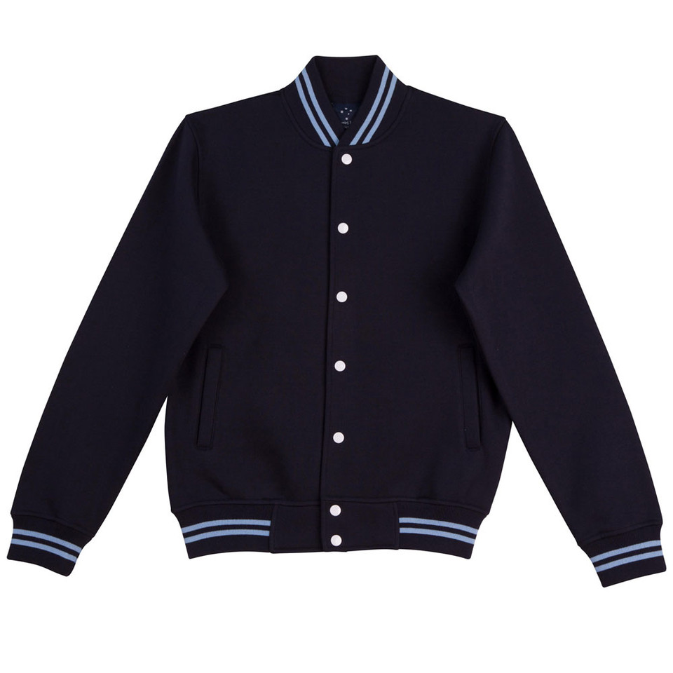 Navy+Sky Jock Kids Plain Fleecy Varsity Jacket, a warm, college-style bomber jacket ideal for children's casual wear or school uniforms.