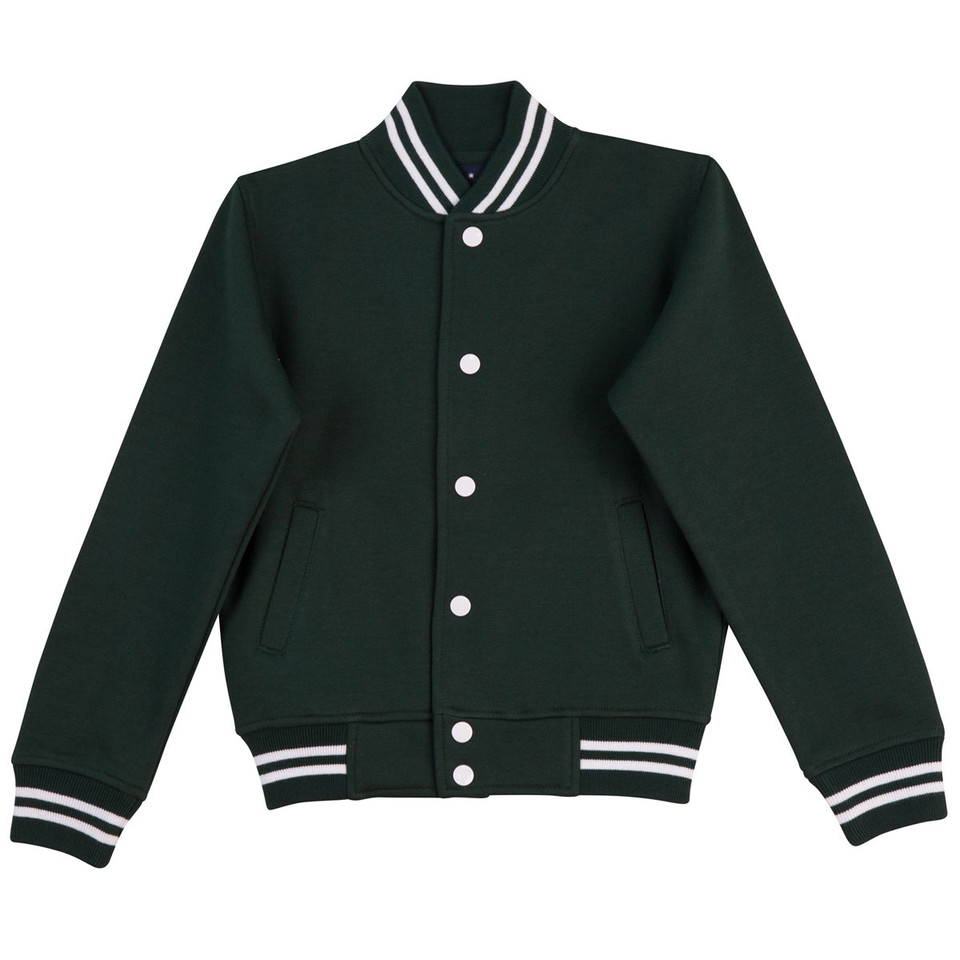 Forest green fleece varsity jacket with white striped collar, cuffs and hem, white snap buttons and front pockets