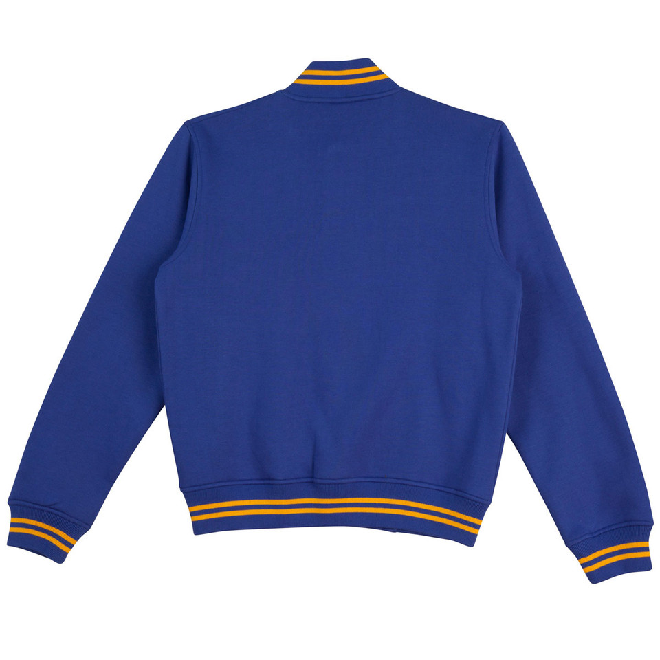 Royal blue fleece varsity jacket with gold and white striped collar and cuffs, back view