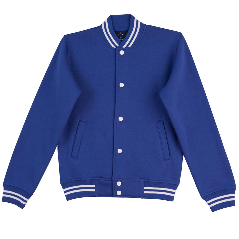 Royal blue varsity jacket with white striped collar and cuffs, white snap buttons, front pockets