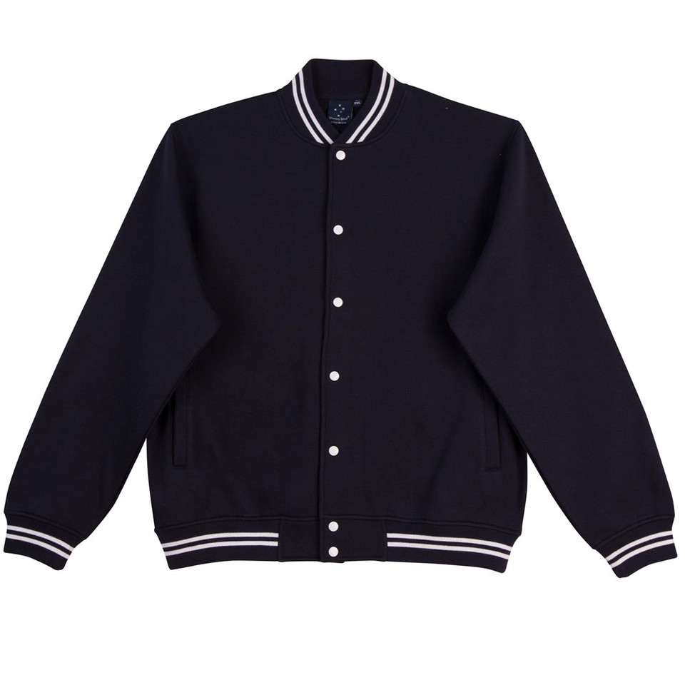Navy varsity jacket with white striped collar, cuffs and hem, featuring white snap buttons