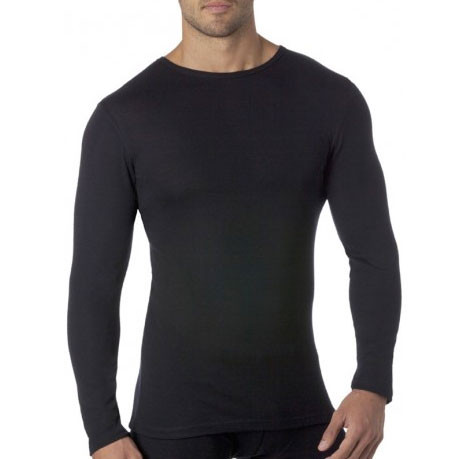Black merino wool long sleeve thermal top with crew neckline and fitted silhouette