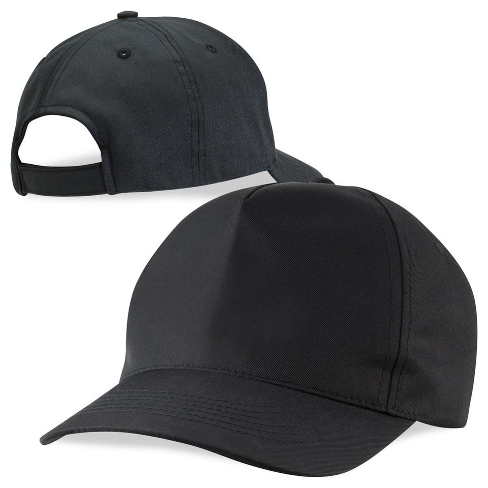 Charcoal grey five panel baseball cap with structured crown and adjustable back strap