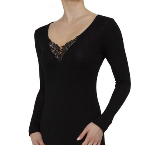 Black merino wool long sleeve top with lace-trimmed V-neck detail